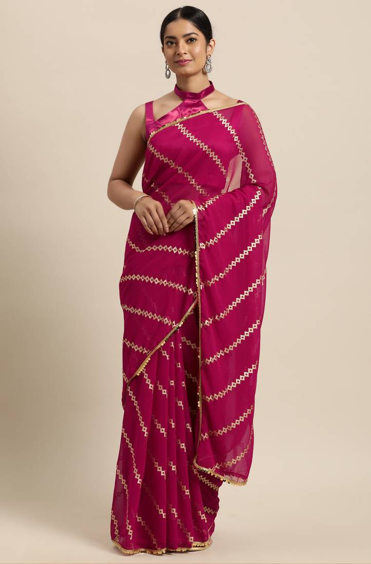 Janasya Pink printed faux georgette saree with blouse