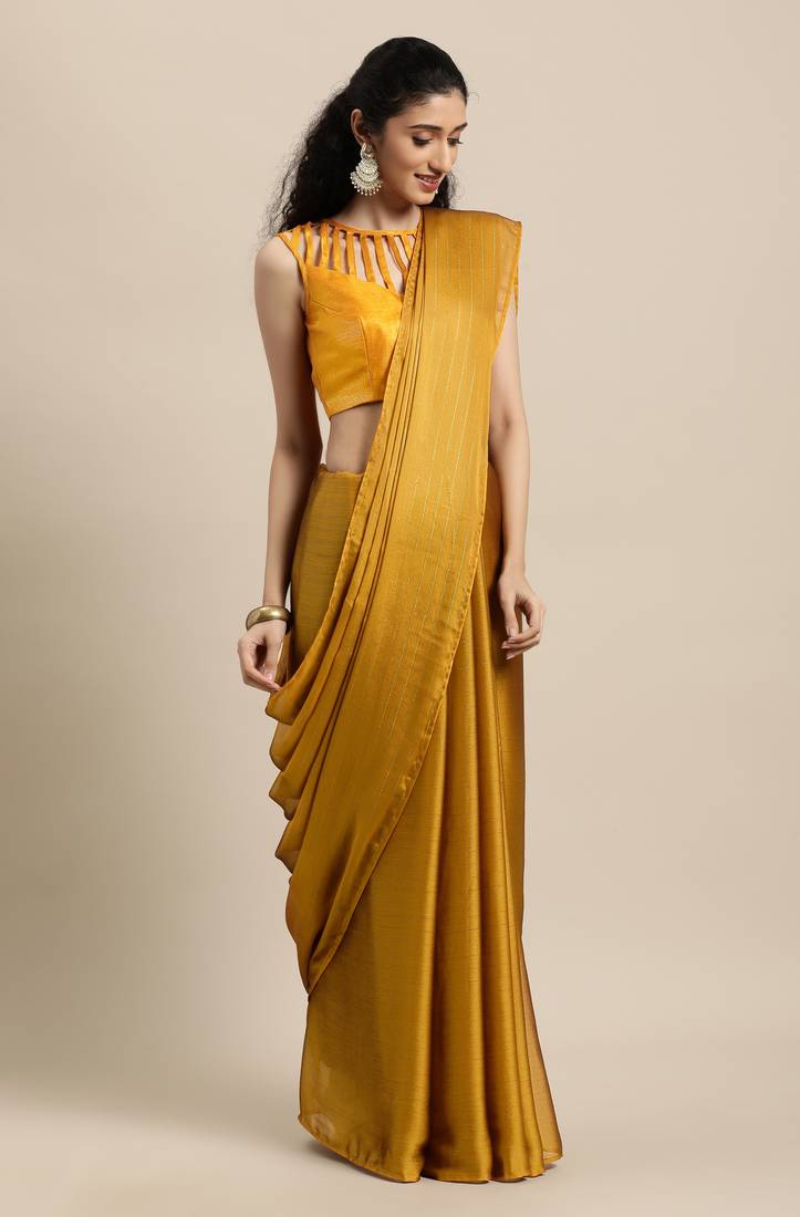 Janasya Mustard printed faux chiffon saree with blouse