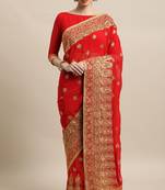 Janasya Red embroidered faux georgette saree with blouse