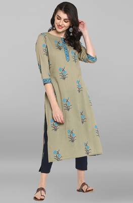 Janasya Green printed cotton kurta 2