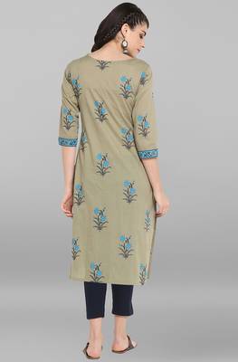 Janasya Green printed cotton kurta 4