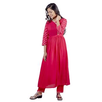 AL-AHAD Women's Rayon Solid Print Anarkali Flared Gota Work Kurti With Pant Set. 1