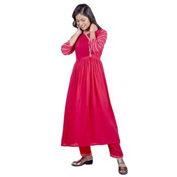 AL-AHAD Women's Rayon Solid Print Anarkali Flared Gota Work Kurti With Pant Set. 2