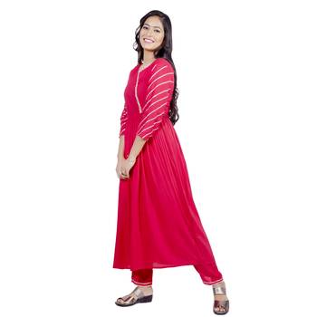 AL-AHAD Women's Rayon Solid Print Anarkali Flared Gota Work Kurti With Pant Set. 4