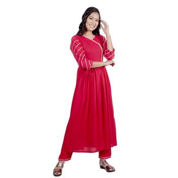 AL-AHAD Women's Rayon Solid Print Anarkali Flared Gota Work Kurti With Pant Set. 5