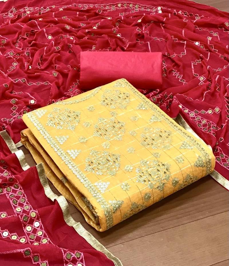 Vredevogel yellow trendy ensemble salwar suits dress materials