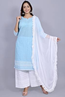 Varyaa Women's Chikankari Blue Coloured Straight Cotton Kurti With White Plazzo and Dupatta (Set Of 3 PCS)  1