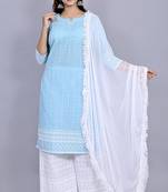 Varyaa Women's Chikankari Blue Coloured Straight Cotton Kurti With White Plazzo and Dupatta (Set Of 3 PCS) 