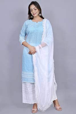 Varyaa Women's Chikankari Blue Coloured Straight Cotton Kurti With White Plazzo and Dupatta (Set Of 3 PCS)  2
