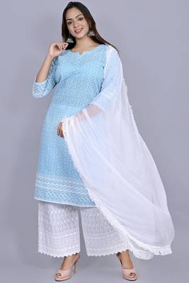 Varyaa Women's Chikankari Blue Coloured Straight Cotton Kurti With White Plazzo and Dupatta (Set Of 3 PCS)  3