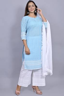 Varyaa Women's Chikankari Blue Coloured Straight Cotton Kurti With White Plazzo and Dupatta (Set Of 3 PCS)  4
