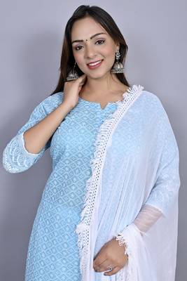 Varyaa Women's Chikankari Blue Coloured Straight Cotton Kurti With White Plazzo and Dupatta (Set Of 3 PCS)  5