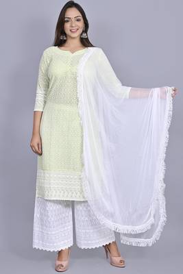 Varyaa Women's Chikankari Mint Green Coloured Straight Cotton Kurti With White Plazzo and Dupatta (Set Of 3 PCS)  1