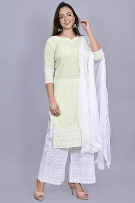 Varyaa Women's Chikankari Mint Green Coloured Straight Cotton Kurti With White Plazzo and Dupatta (Set Of 3 PCS)  2