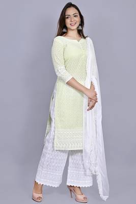 Varyaa Women's Chikankari Mint Green Coloured Straight Cotton Kurti With White Plazzo and Dupatta (Set Of 3 PCS)  3