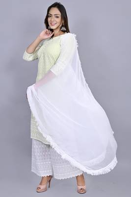 Varyaa Women's Chikankari Mint Green Coloured Straight Cotton Kurti With White Plazzo and Dupatta (Set Of 3 PCS)  4