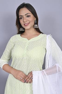 Varyaa Women's Chikankari Mint Green Coloured Straight Cotton Kurti With White Plazzo and Dupatta (Set Of 3 PCS)  5