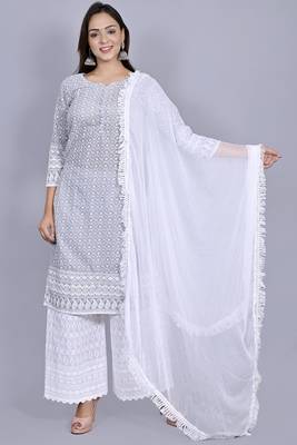Varyaa Women's Chikankari Grey Malange Coloured Straight Cotton Kurti With White Plazzo and Dupatta (Set Of 3 PCS)  1