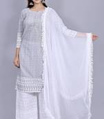 Varyaa Women's Chikankari Grey Malange Coloured Straight Cotton Kurti With White Plazzo and Dupatta (Set Of 3 PCS) 