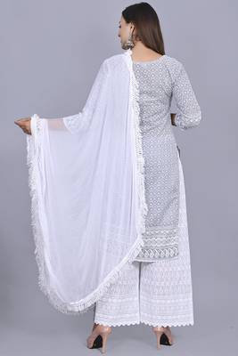 Varyaa Women's Chikankari Grey Malange Coloured Straight Cotton Kurti With White Plazzo and Dupatta (Set Of 3 PCS)  2