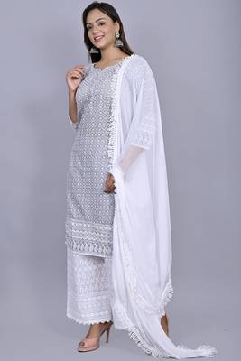 Varyaa Women's Chikankari Grey Malange Coloured Straight Cotton Kurti With White Plazzo and Dupatta (Set Of 3 PCS)  3