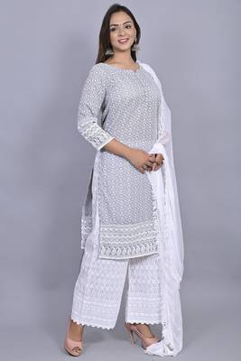 Varyaa Women's Chikankari Grey Malange Coloured Straight Cotton Kurti With White Plazzo and Dupatta (Set Of 3 PCS)  4