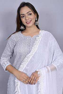 Varyaa Women's Chikankari Grey Malange Coloured Straight Cotton Kurti With White Plazzo and Dupatta (Set Of 3 PCS)  5