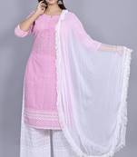 Varyaa Women's Chikankari Pink Coloured Straight Cotton Kurti With White Plazzo and Dupatta (Set Of 3 PCS) 