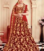 Red thread embroidery velvet semi stitched lehenga