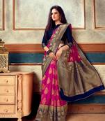 navy blue pink woven art silk saree with blouse with belt