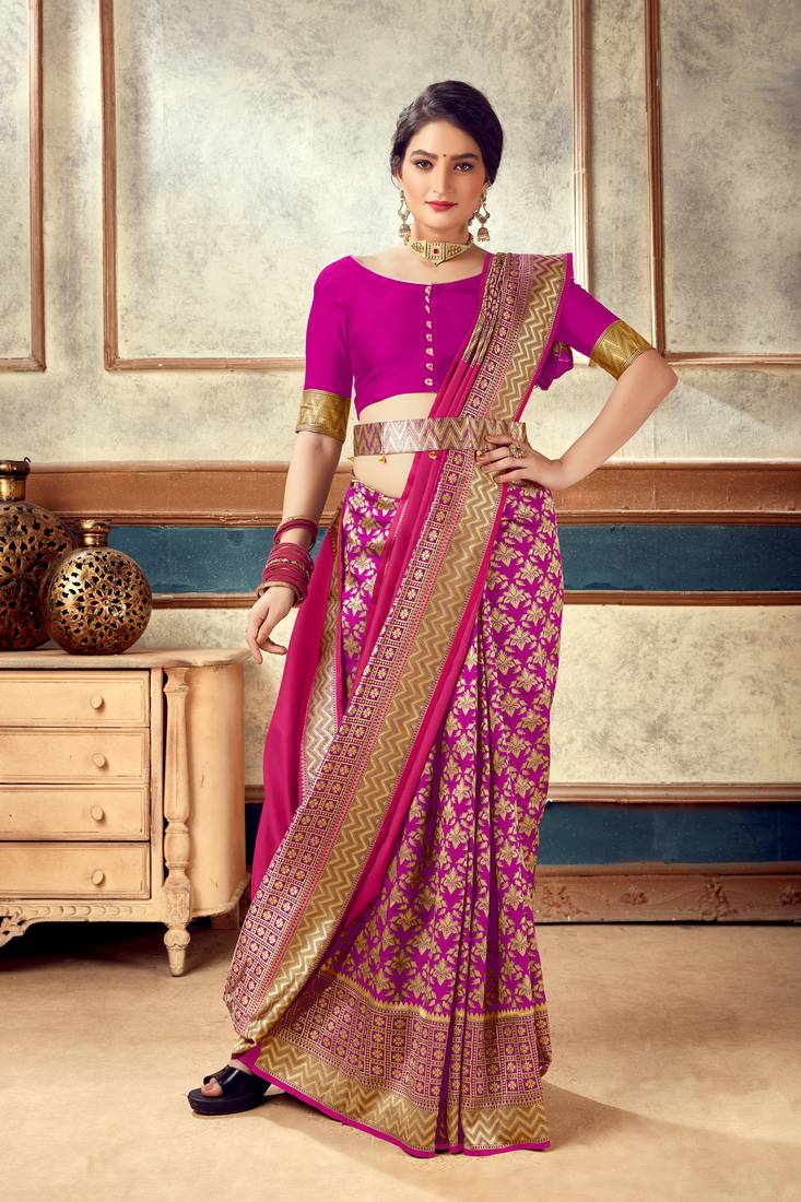 gajri pink woven art silk saree with blouse with belt LONDON