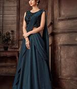 Turquoise embroidered lycra saree with blouse