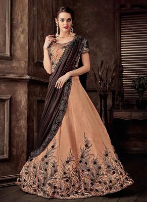 Peach embroidered taffeta saree with blouse 1