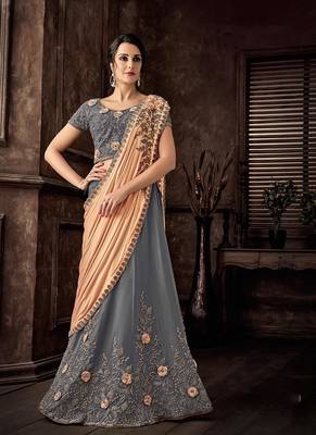 Grey embroidered taffeta saree with blouse 1