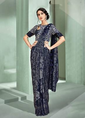 Blue embroidered lycra saree with blouse 1
