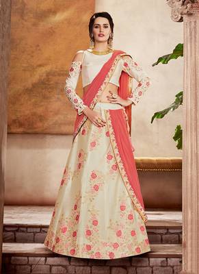 Off white embroidered satin saree with blouse 1