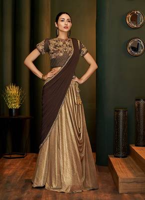 Beige embroidered lycra saree with blouse 1