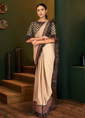 Beige embroidered lycra saree with blouse 1