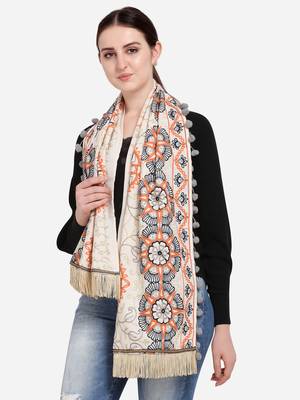 Cream African Motif Woollen Embroidered Muffler 1