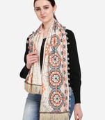 Cream African Motif Woollen Embroidered Muffler