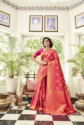 Rani pink woven banarasi saree with blouse 1