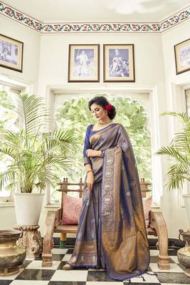 Navy blue woven banarasi saree with blouse 1