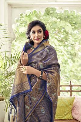 Navy blue woven banarasi saree with blouse 2