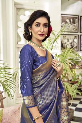 Navy blue woven banarasi saree with blouse 3