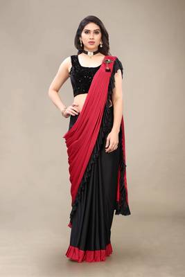 Red hand woven crepe saree with blouse 1