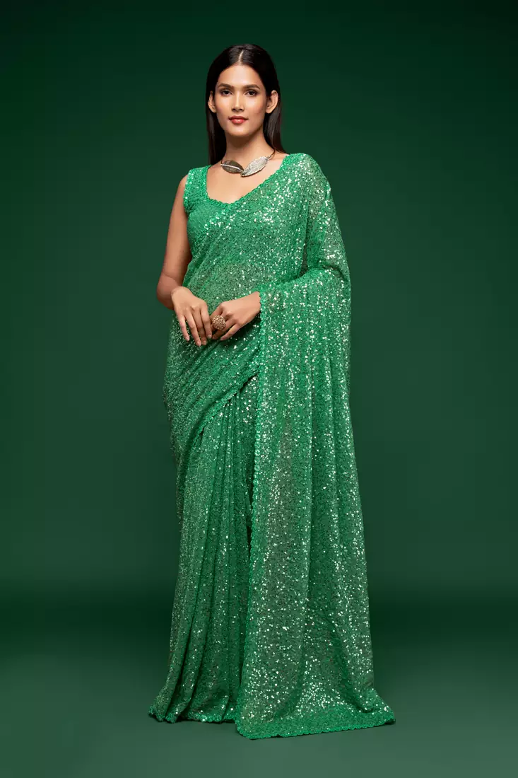 Mint green Thread and multiple sequins embroidered Georgette Designer Saree