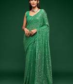Mint green Thread and multiple sequins embroidered Georgette Party wear Saree