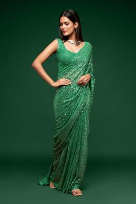 Mint green Thread and multiple sequins embroidered Georgette Party wear Saree 4