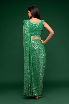 Mint green Thread and multiple sequins embroidered Georgette Party wear Saree 5