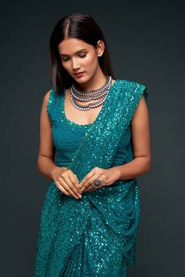 Teal blue Thread and multiple sequins embroidered Georgette Party wear Saree 2